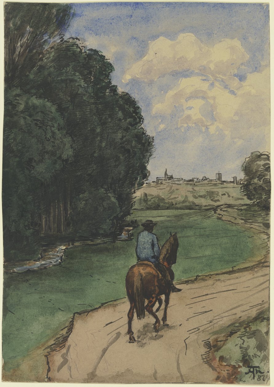 Am Waldesrand. Reiter auf einem Weg, bildeinwärts von Hans Thoma