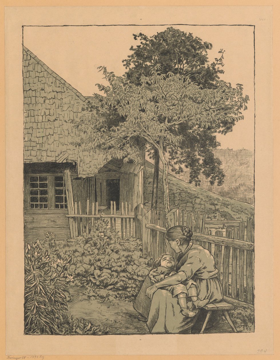 Frau mit Kind im Garten vor einem Haus im Schwarzwald von Hans Thoma