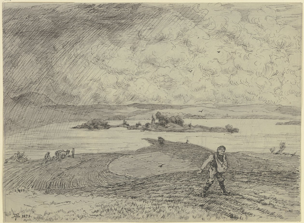 Landschaft mit Sämann, im Hintergrund ein See mit Insel von Hans Thoma