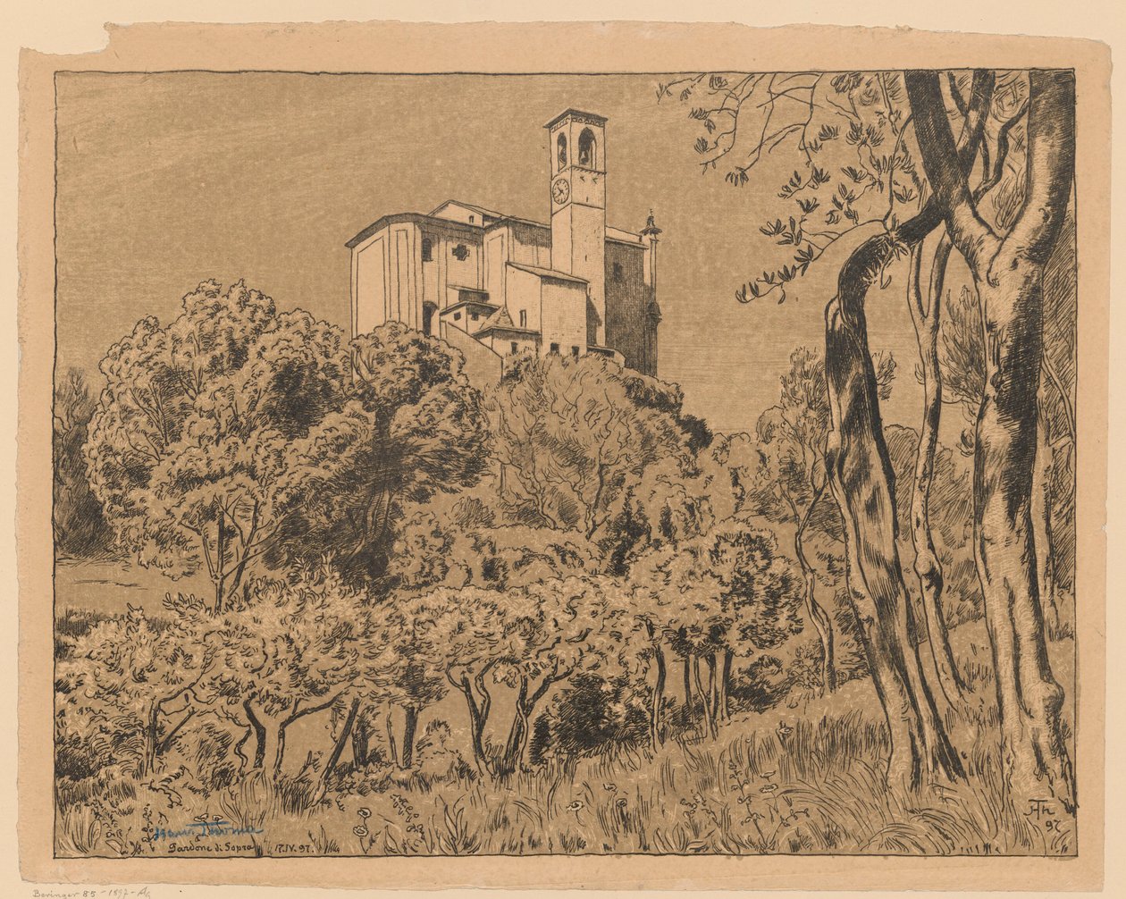 Ansicht der Kirche St. Nikolaus der Wundertäter auf dem Hügel in Gardone Riviera am Gardasee, Lombardei von Hans Thoma