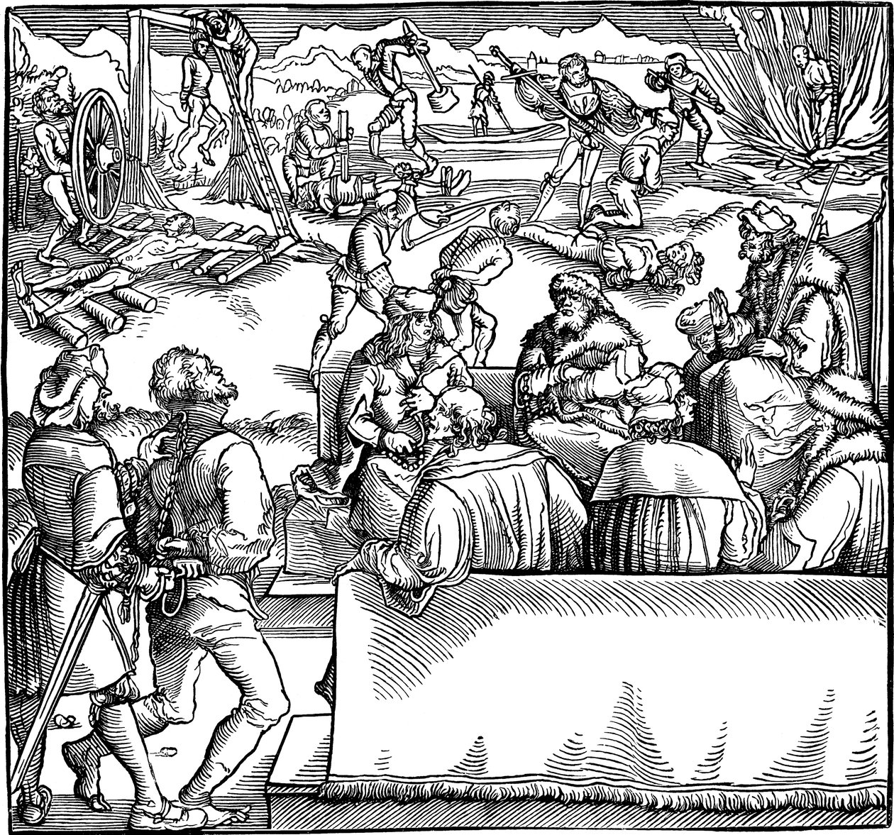 Gerichtsverhandlung. Illustration aus dem Buch Phisicke Against Fortune von Petrarca, 1532 von Hans Weiditz the Younger