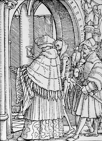 Tod und der Kanoniker, aus Der Totentanz, graviert von Hans Lutzelburger, ca. 1538 von Hans after Holbein the Younger