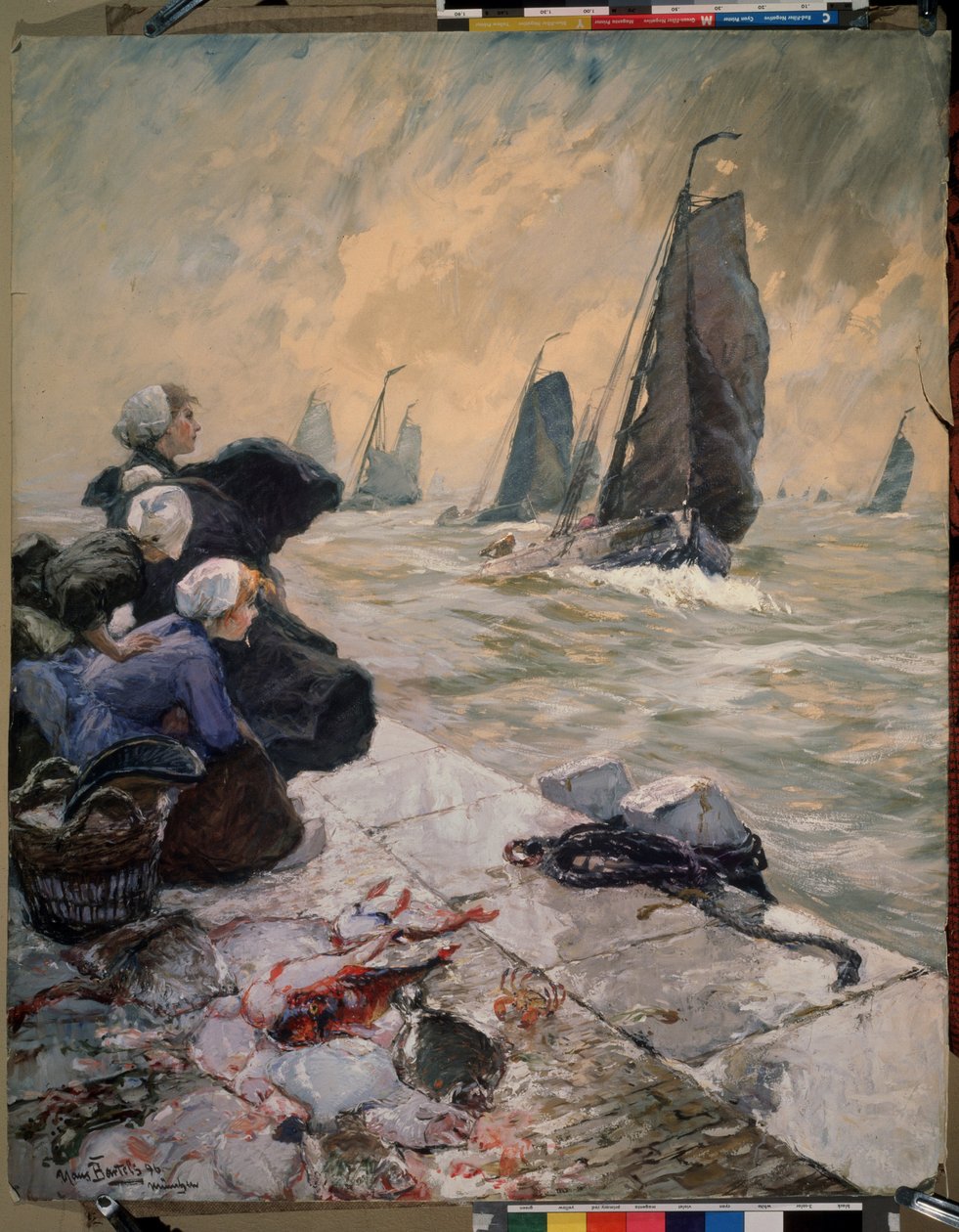 Die Frauen der Fischer. Die Frauen der Fischer beobachten die Segelboote ihrer Männer im stürmischen Meer von Hans von Bartels