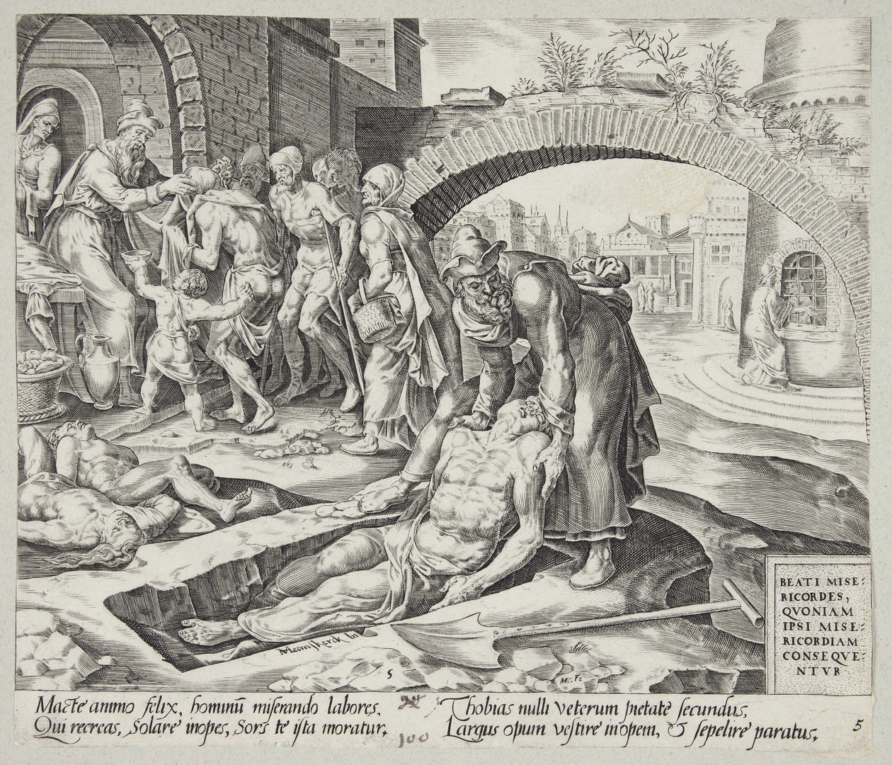 Selig sind die Barmherzigen. Tobit begräbt die Toten, kleidet die Nackten und speist die Hungrigen von Harmen Jansz. Muller