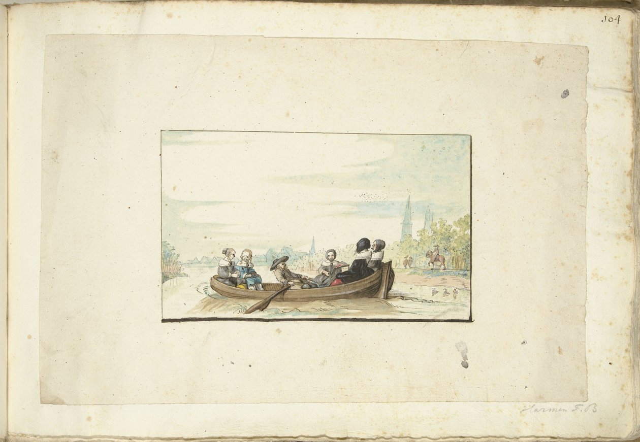 Gesellschaft von sechs Personen in einem Boot auf dem Zwolse Singel von Harmen ter Borch