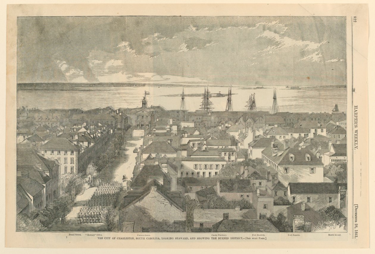 Die Stadt Charleston, South Carolina, seewärts blickend und den verbrannten Bezirk zeigend, aus Harper