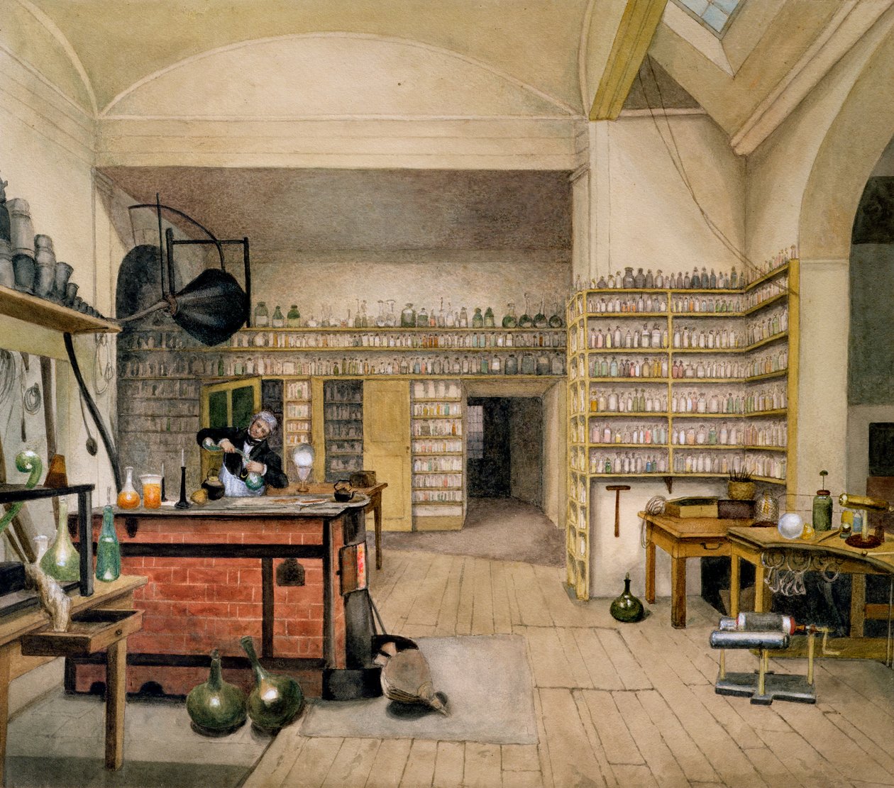 Michael Faraday (1791-1867) in seinem Kellerlabor, 1852 von Harriet Jane Moore