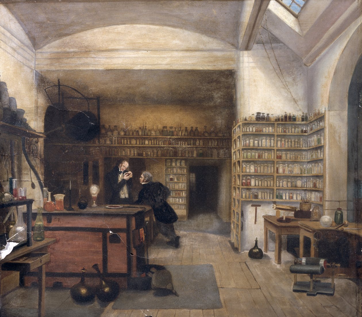 Michael Faraday (1791-1867) in seinem Kellerlabor, 1852 von Harriet Jane Moore