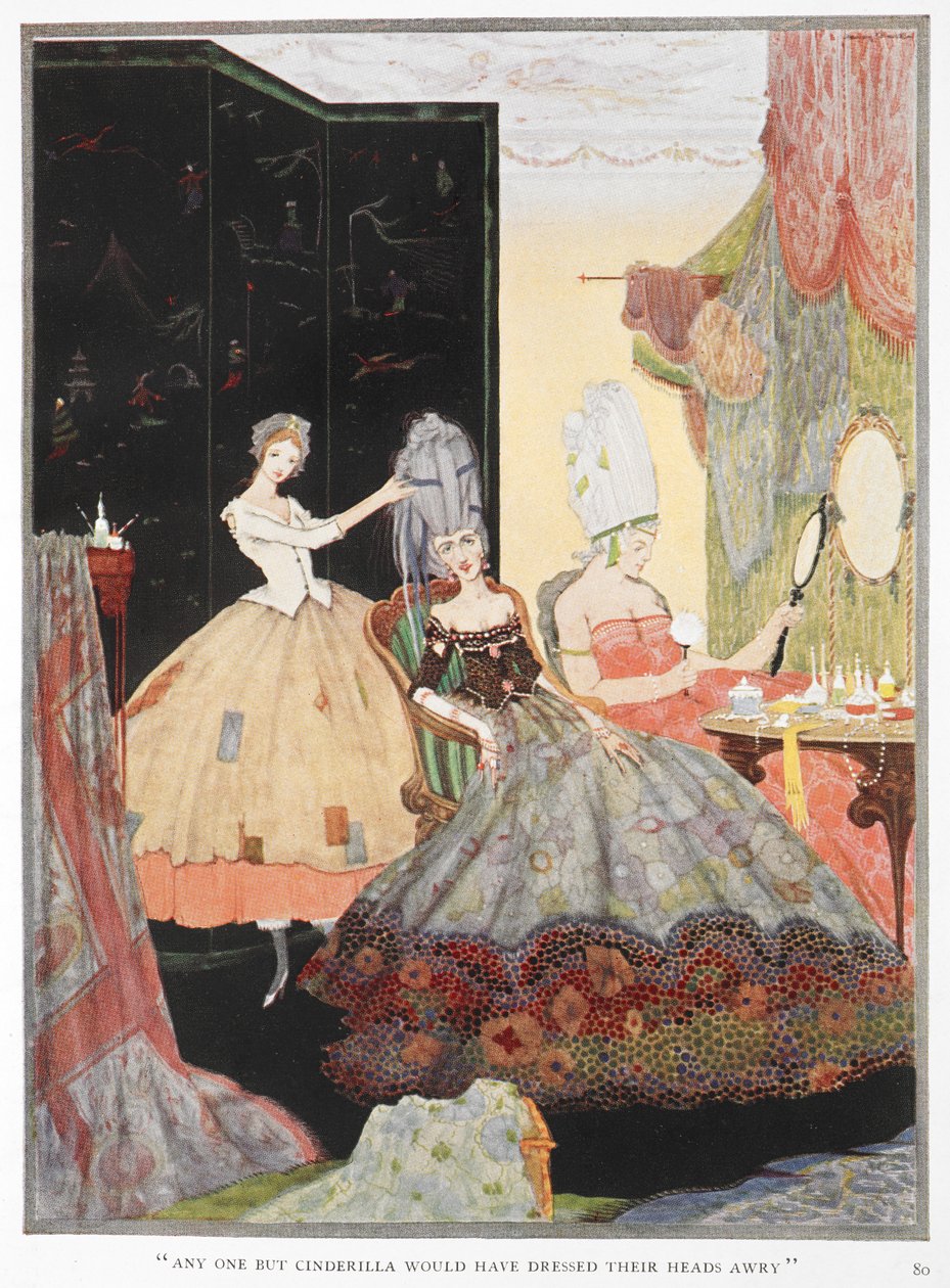 "Jeder außer Aschenputtel hätte ihre Haare schlecht frisiert, aber sie war sehr gut und kleidete sie perfekt." Aschenputtel hilft zwei ihrer Schwestern, sich für den Abend fertig zu machen. von Harry Clarke