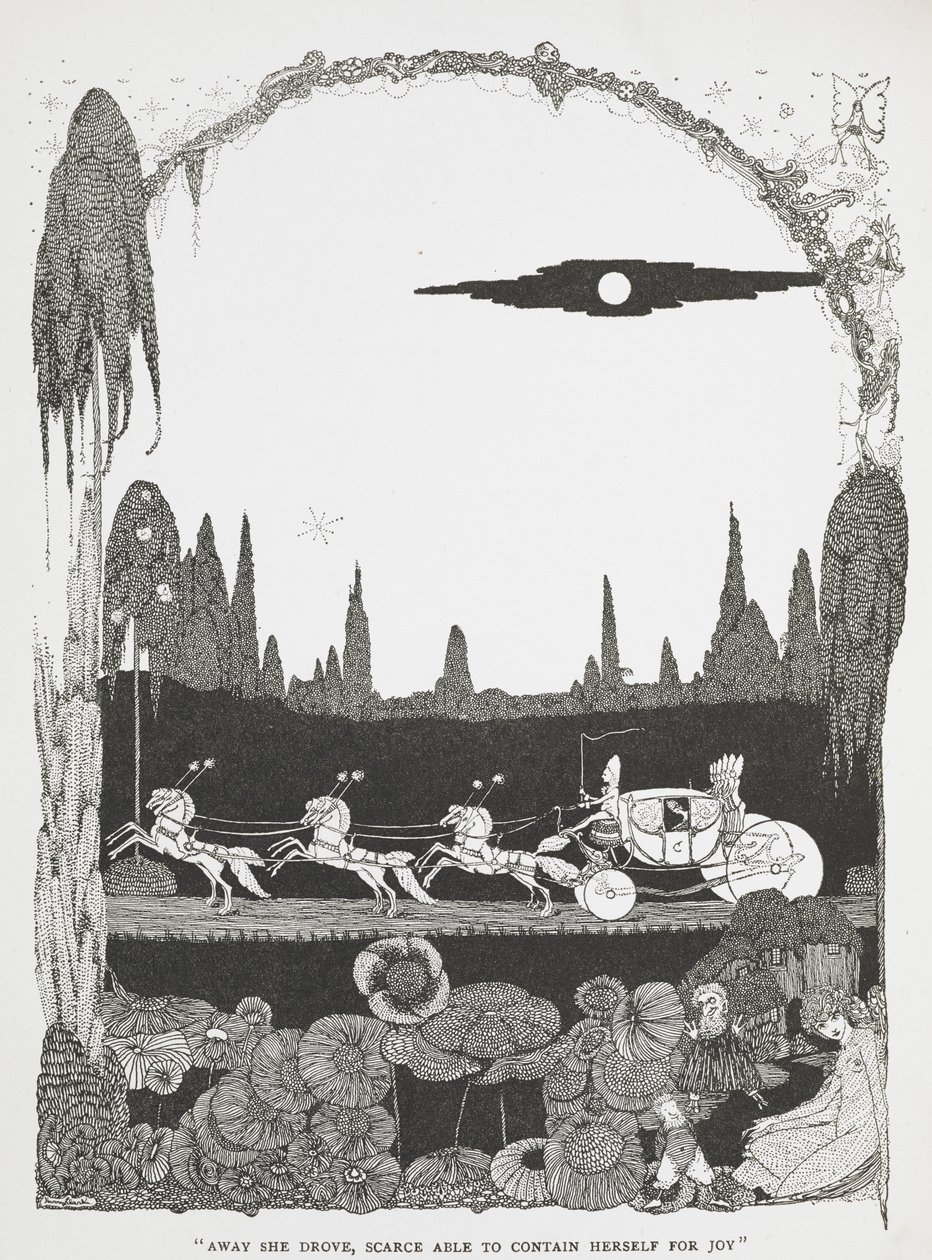 "Weg fuhr sie, kaum in der Lage, sich vor Freude zu fassen." Illustration zur Geschichte Aschenputtel oder der kleine Glasschuh. von Harry Clarke