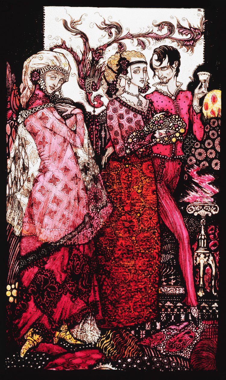 Bert der Bigfoot, gesungen von Villon. "Queens", neun Glasplatten geätzt, gefärbt und bemalt, Illustration von J.M. Synges Gedicht, 1917 von Harry Clarke