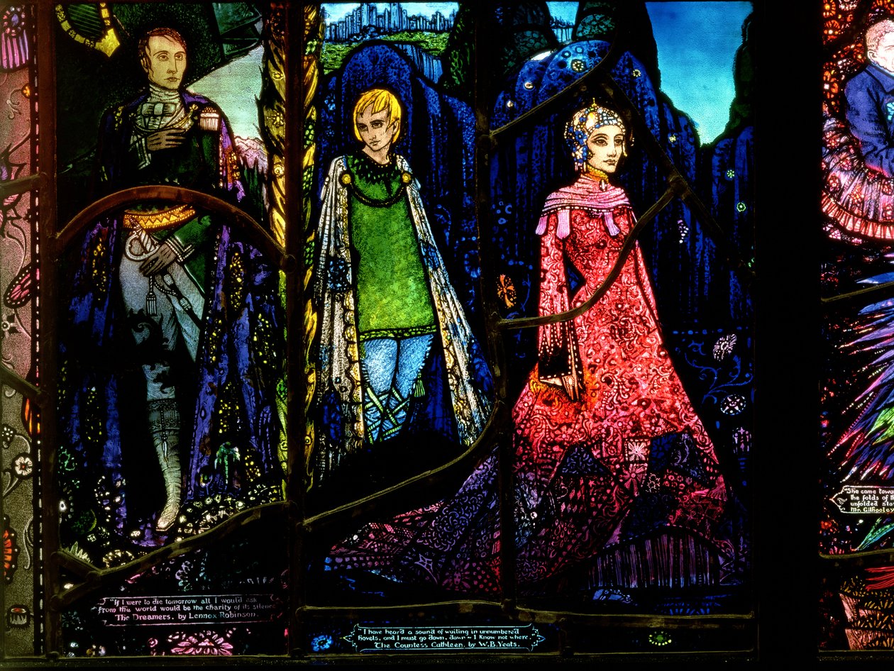 Detail aus dem Genfer Fenster, das The Dreamers von Lennox Robinson (1886-1958) und Countess Cathleen von W.B. Yeats (1865-1939) zeigt von Harry Clarke