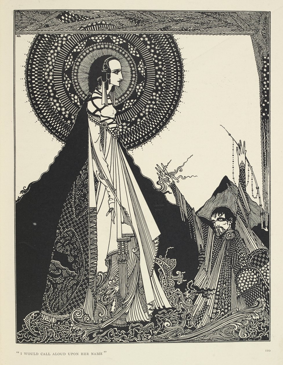 "Ich würde laut ihren Namen rufen.". Illustration von Ligeia, einer Kurzgeschichte. "Ligeia" ist eine Kurzgeschichte von Edgar Allan Poe. Die Geschichte folgt einem namenlosen Erzähler und seiner Frau Ligeia, einer schönen und intelligenten schwarzhaarigen von Harry Clarke