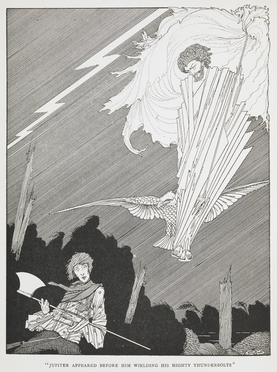"Jupiter erschien vor ihm und schwang seine mächtigen Blitze." Illustration für "die lächerlichen Wünsche." von Harry Clarke