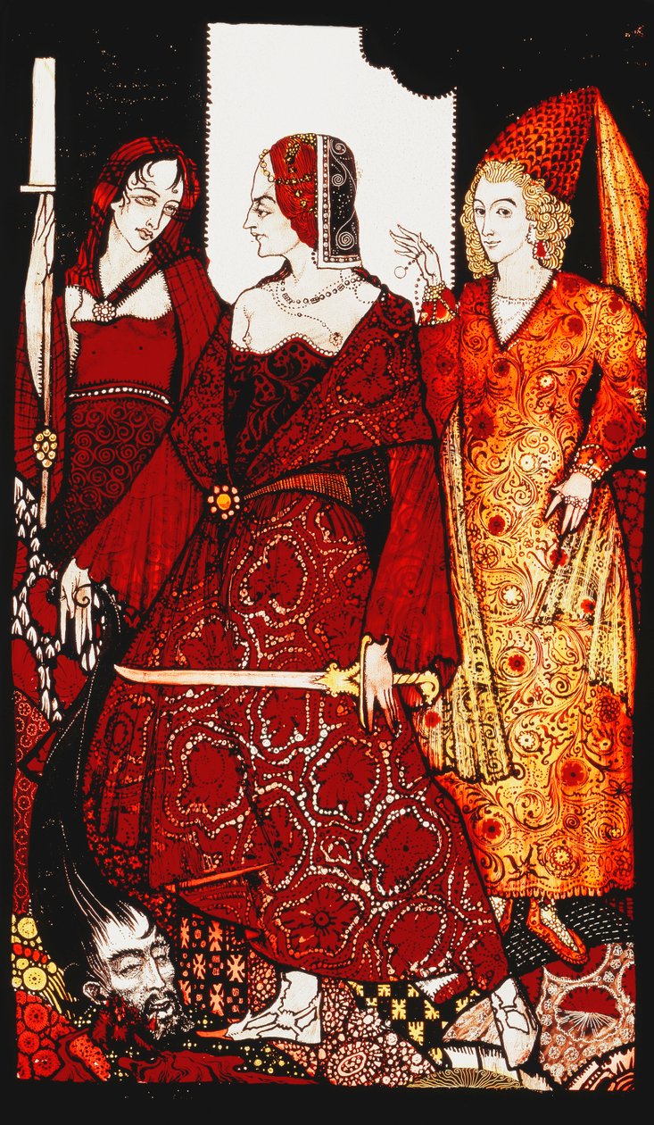 Königinnen, die die Schweine von Glanna schlachteten. "Königinnen", neun Glasplatten geätzt, gefärbt und bemalt, Illustration von J.M. Synges Gedicht, 1917 von Harry Clarke