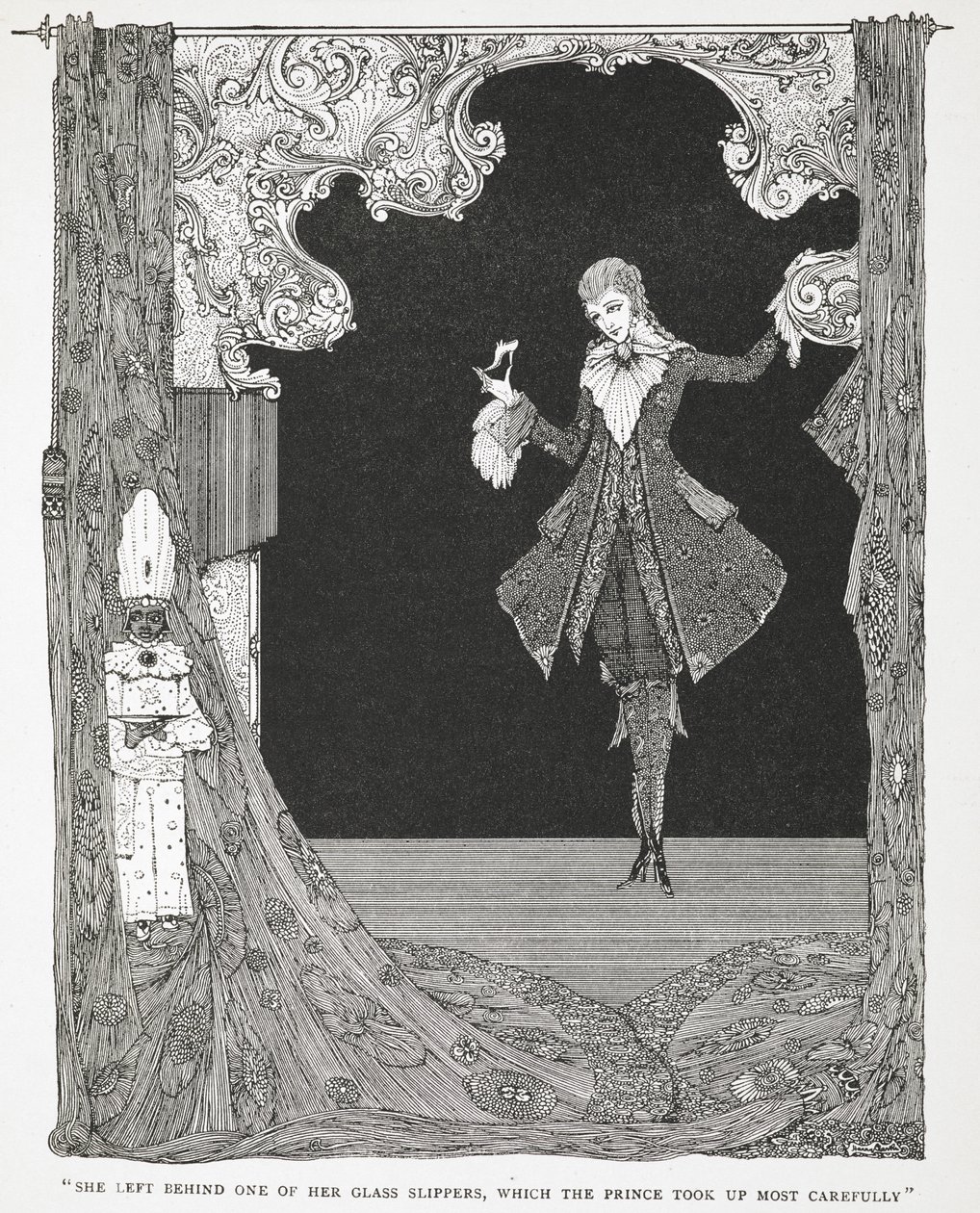 "Sie ließ einen ihrer Glasschuhe zurück, den der Prinz sehr sorgfältig aufhob." Illustration zur Geschichte 
