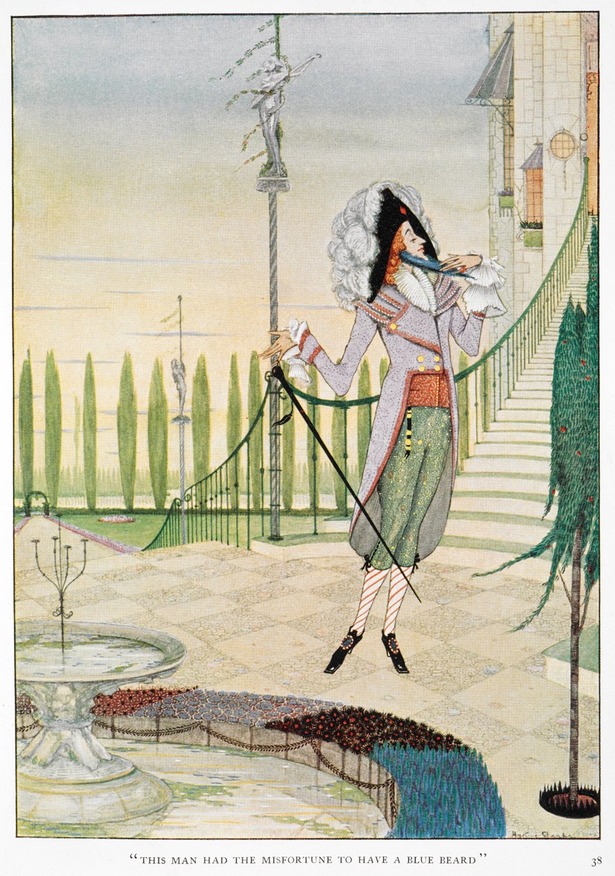 "Dieser Mann hatte das Unglück, einen blauen Bart zu haben." Blaubart streichelt seinen Bart. von Harry Clarke