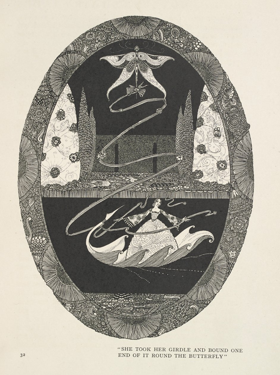 Däumelinchen. Sie nahm ihren Gürtel und band ein Ende davon um den Schmetterling. von Harry Clarke