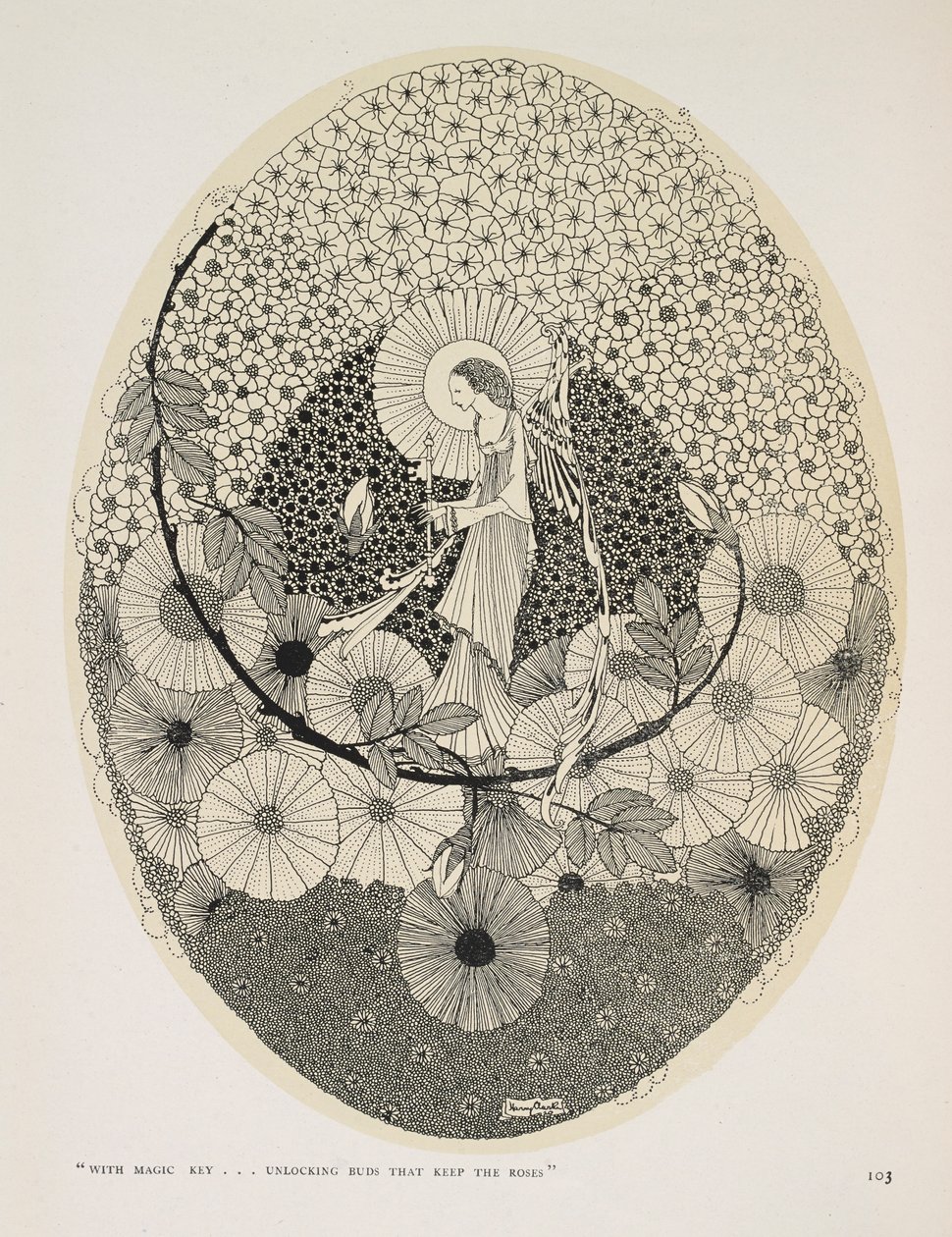 Zum kommenden Frühling. "Mit magischem Schlüssel... die Knospen öffnen, die die Rosen bewahren". von Harry Clarke