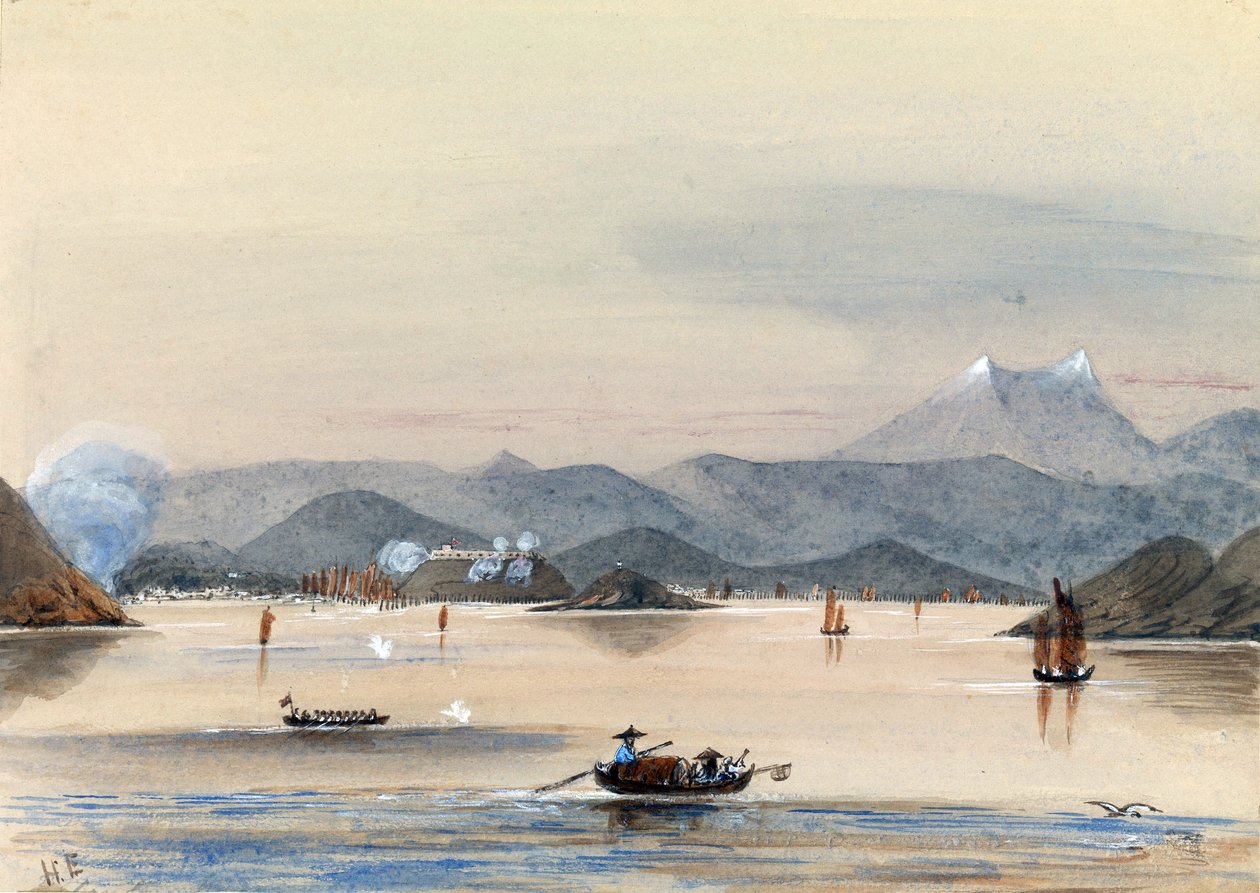 Die HMS Tribune auf dem Chuenpee-Fluss in Kanton (China), mit Ruderbooten und chinesischen Dschunken von Harry Edmond Edgell