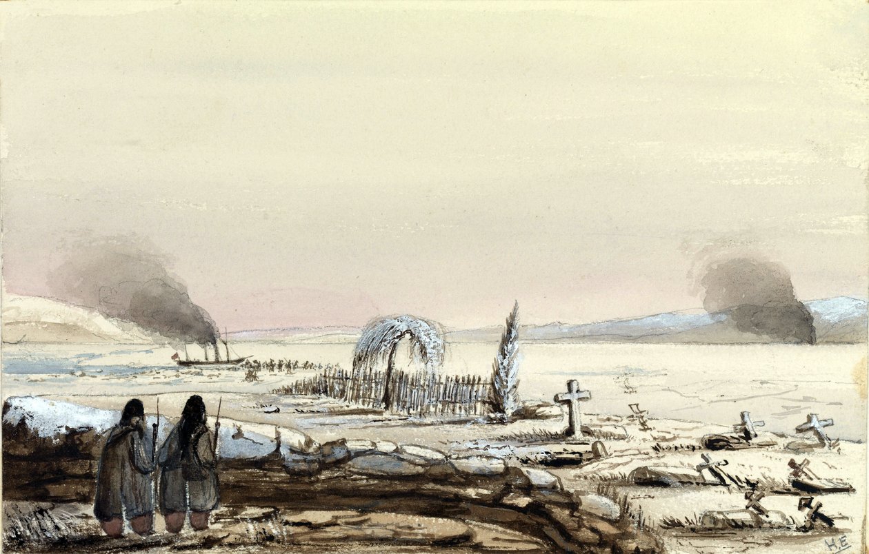 Der Friedhof in Kinburn (Ukraine, Russland) 1855. Die HMS Tribune schneidet die gefrorenen Gewässer des Dnepr ab von Harry Edmond Edgell