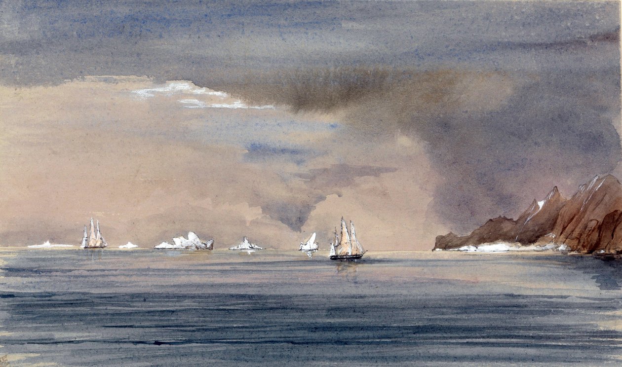 Die Eisberge vor Kap Hoorn (Chile), mit der Silhouette der HMS Tribune. Gemälde von Vizeadmiral Harry Edmund Edgell (1809-1876), Aquarell 1856. von Harry Edmond Edgell