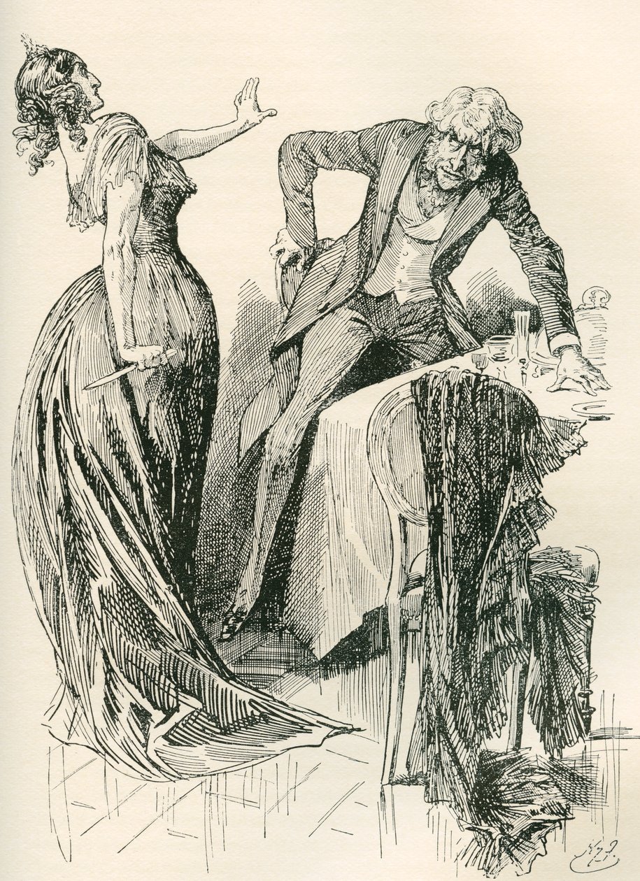Edith und Mr. Carker. "Er kam fröhlich auf sie zu, als sie im nächsten Moment das Messer vom Tisch aufhob und einen Schritt zurücktrat. "Bleib stehen," sagte sie, "oder ich werde dich ermorden!" Illustration von Harry Furniss für den Charles Dickens Roman von Harry Furniss