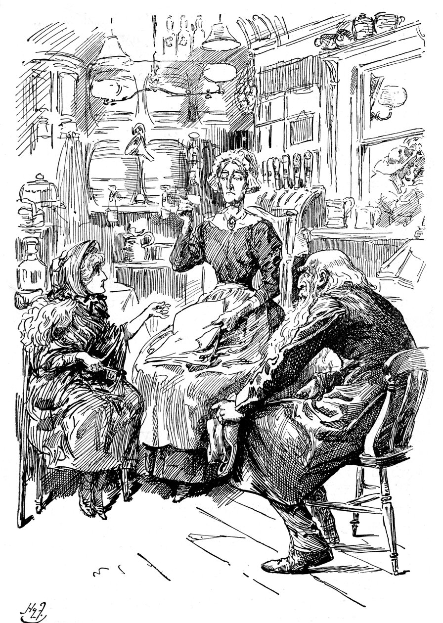 Mr. Riah und Miss Wren bei den Six Jolly Fellowship Porters, 1912 von Harry Furniss