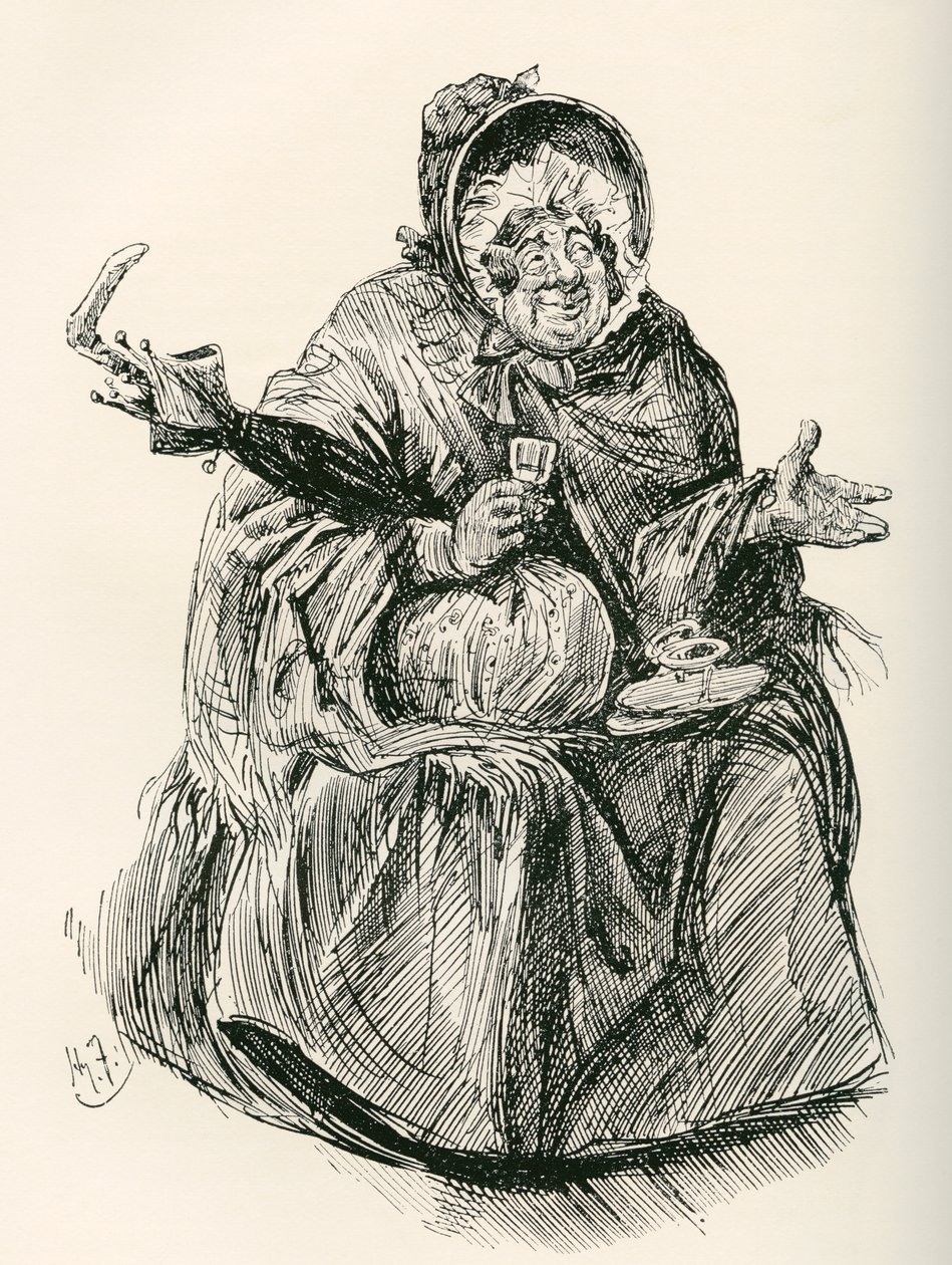 Mrs. Gamp. Illustration von Harry Furniss für den Charles Dickens Roman Martin Chuzzlewit, aus der Testimonial Edition, veröffentlicht 1910 von Harry Furniss