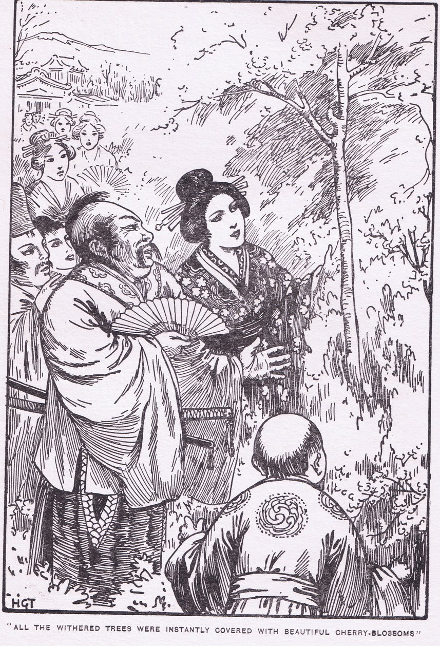 Alle verdorrten Bäume waren sofort mit wunderschönen Kirschblüten bedeckt (Der alte Mann, der verdorrte Bäume blühen ließ) von Harry George Theaker