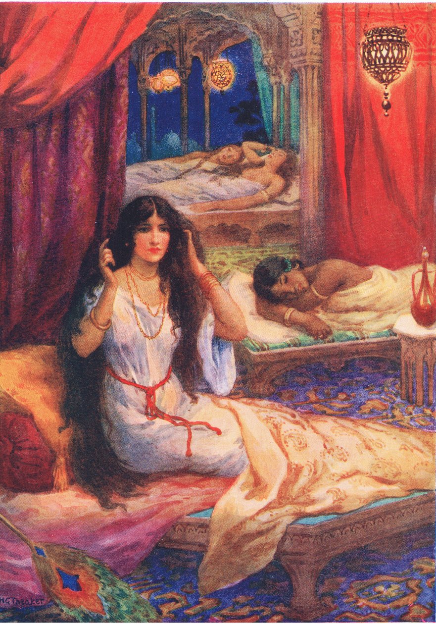 Pabhavati erwachte mit einem Schreck. Aus dem Hartherzigen Prinzen, Illustration aus 