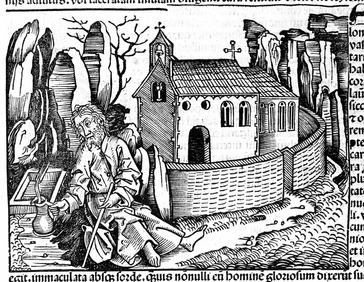 Ein Pilger hält während seiner Reise in einem Kloster an, nach Hartmann Schedels "Nürnberger Chronik" von Hartmann Schedel