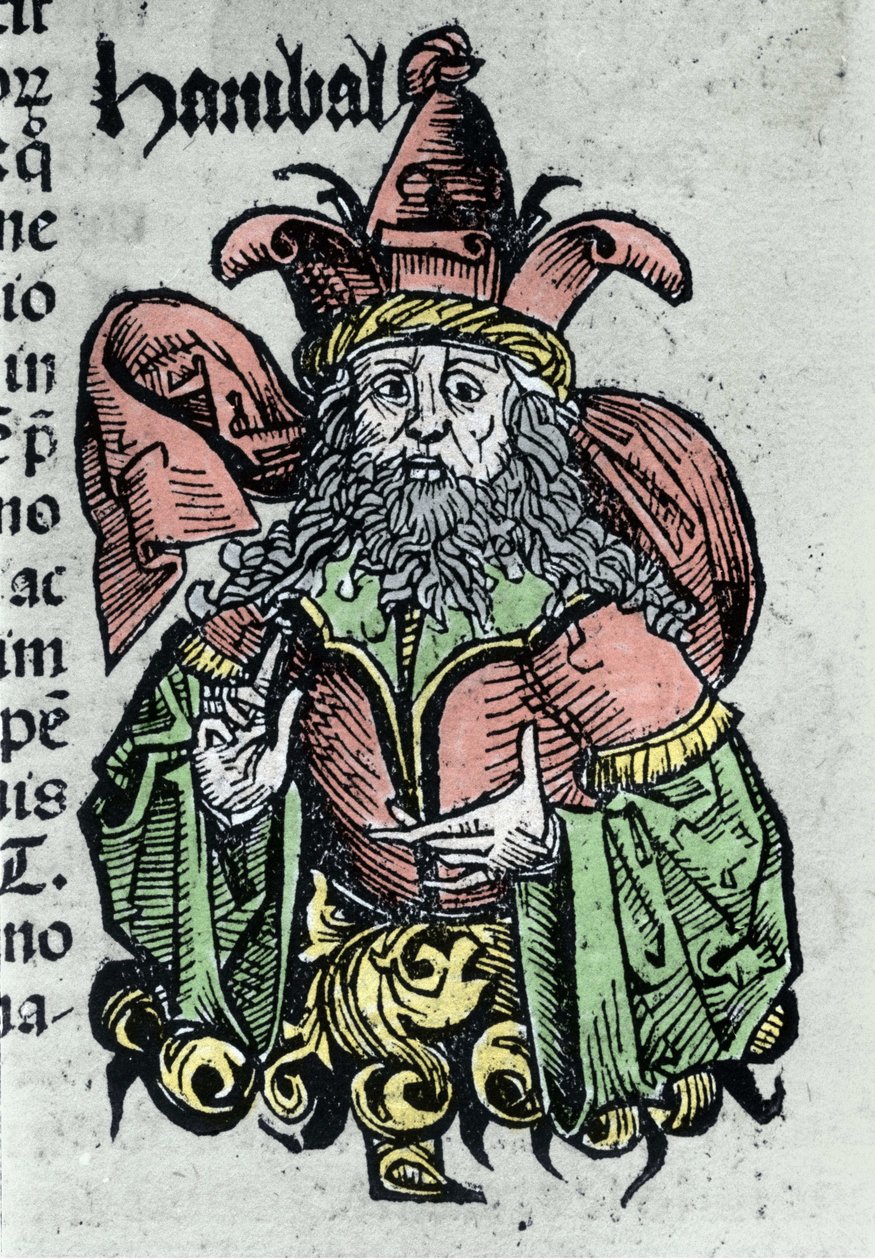 Porträt von Hannibal oder Annibal Barca (247 v. Chr. - 183 v. Chr.), karthagischer General und Staatsmann. Xylographie aus den „Chroniken von Nürnberg“ von Hartmann Schedel von Hartmann Schedel