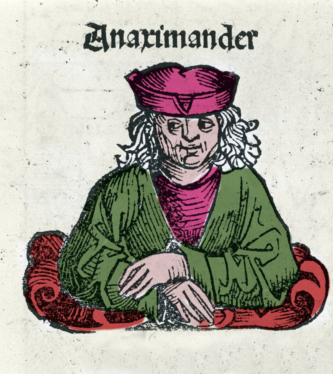 Darstellung von Anaximander von Milet (610 - 547 v. Chr.), griechischer Philosoph, Mathematiker und Astronom. Holzschnitt aus „Chroniken von Nürnberg“ von Hartmann Schedel von Hartmann Schedel