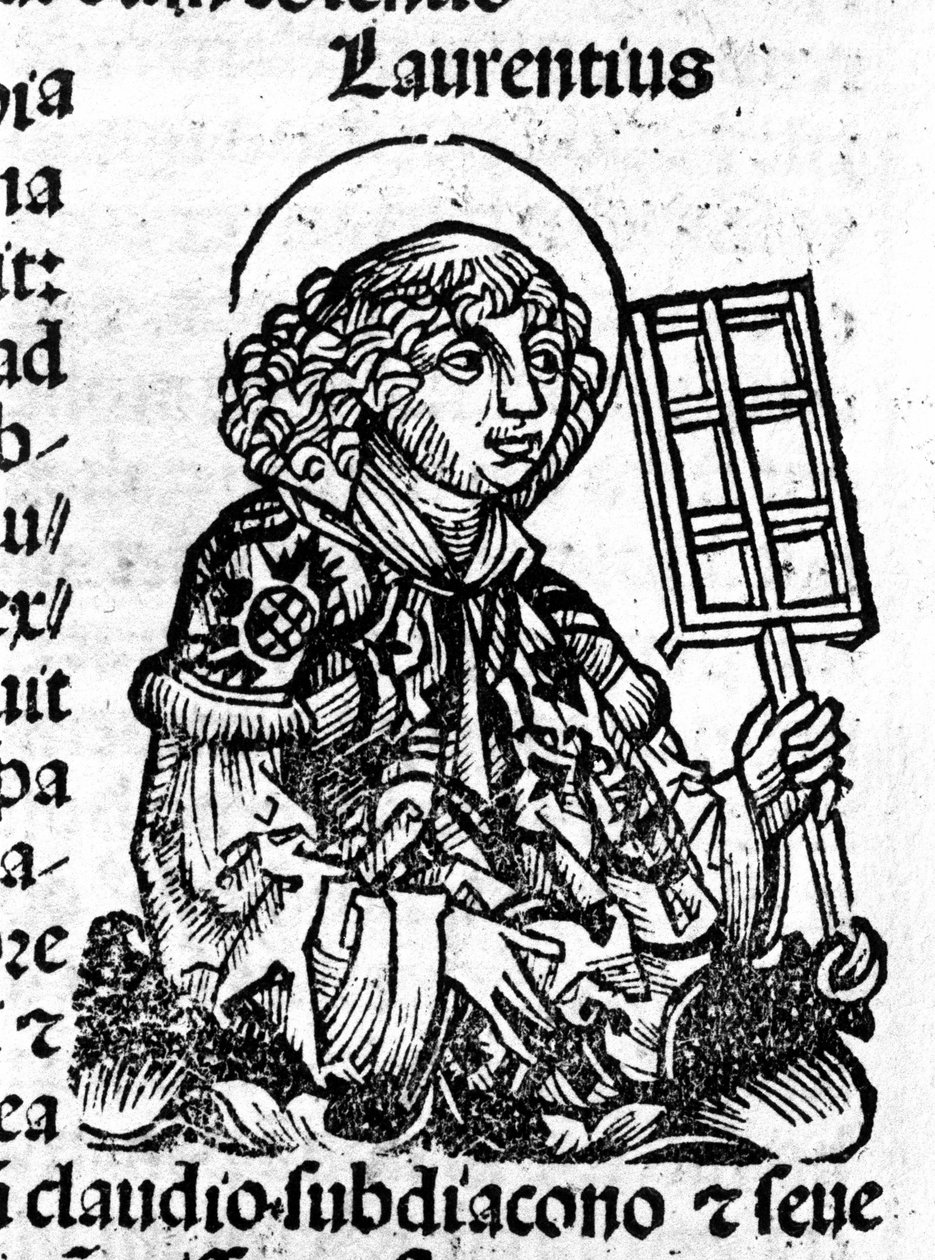 Sankt Laurentius hält in seiner Hand den Rost, ein Instrument seines Martyriums. Gravur aus dem „Liber Chronicarum von Hartmann Schedel“ von Hartmann Schedel