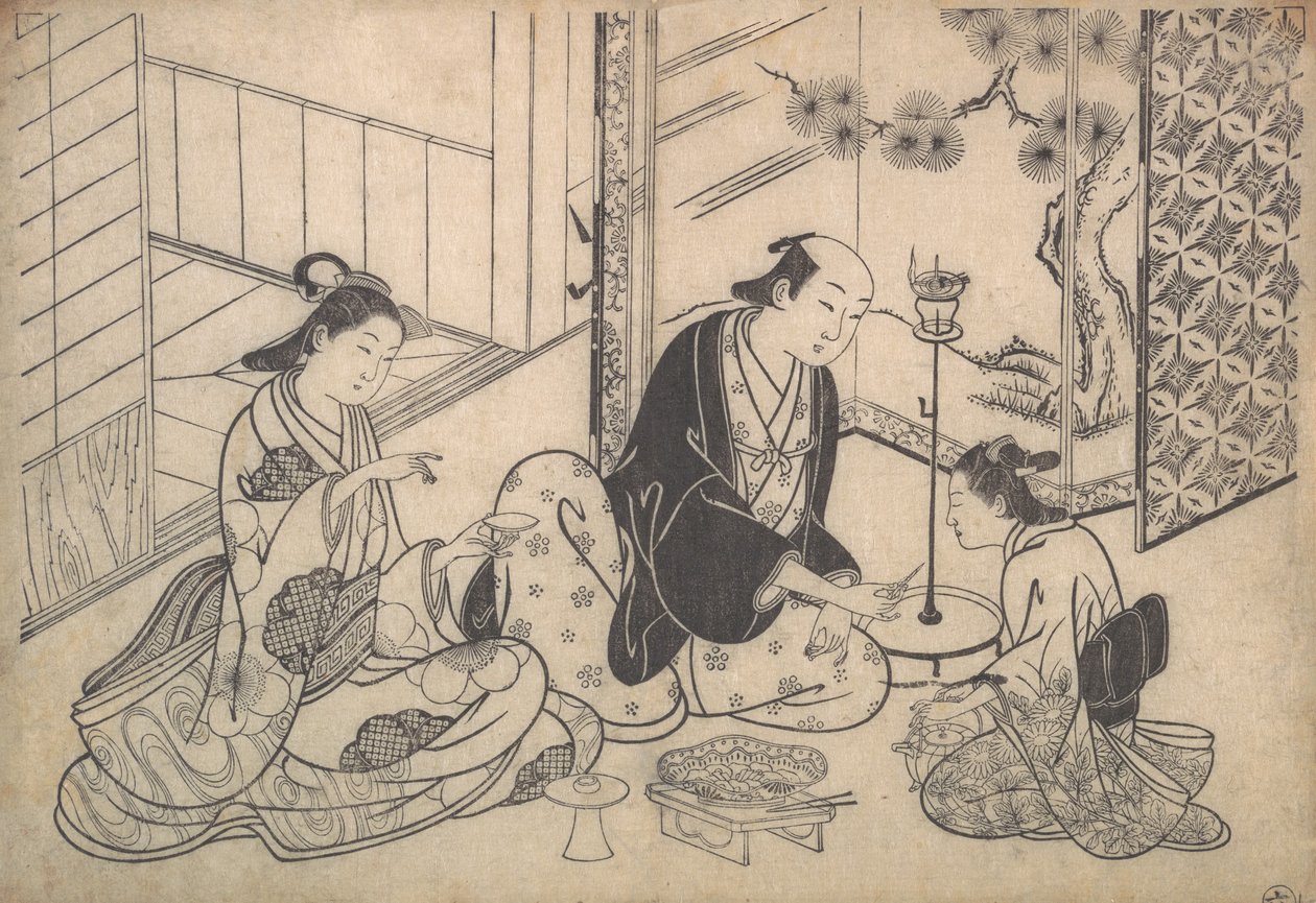 Innenraum, drei Figuren: Sake-Party von Hasegawa Mitsunobu