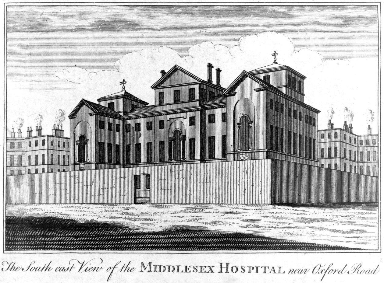 Die Südostansicht des Middlesex-Krankenhauses, 1745 von Haynes King