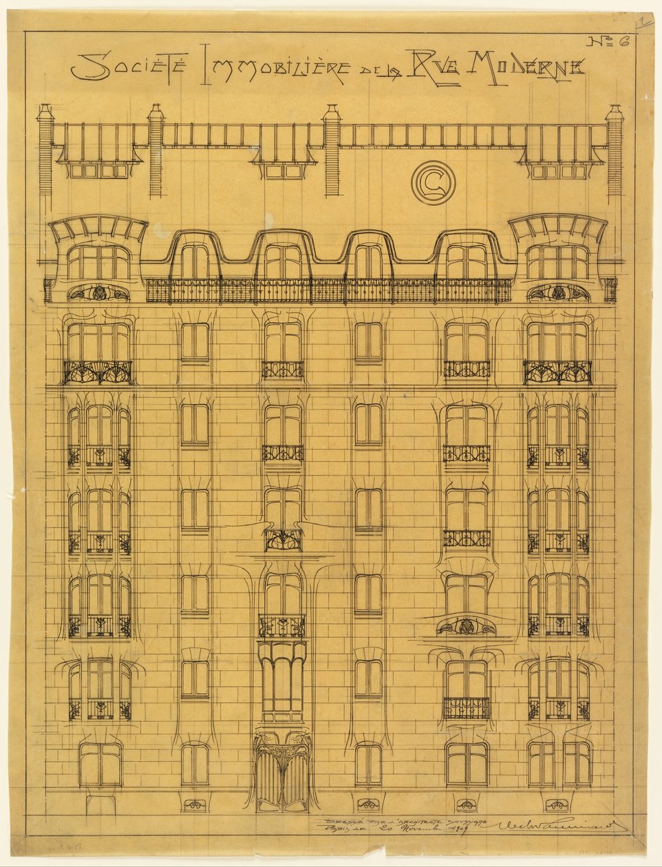 Entwurf für die Fassade der Société Immobilière de la Rue Modern, Nr. 6 von Hector Guimard