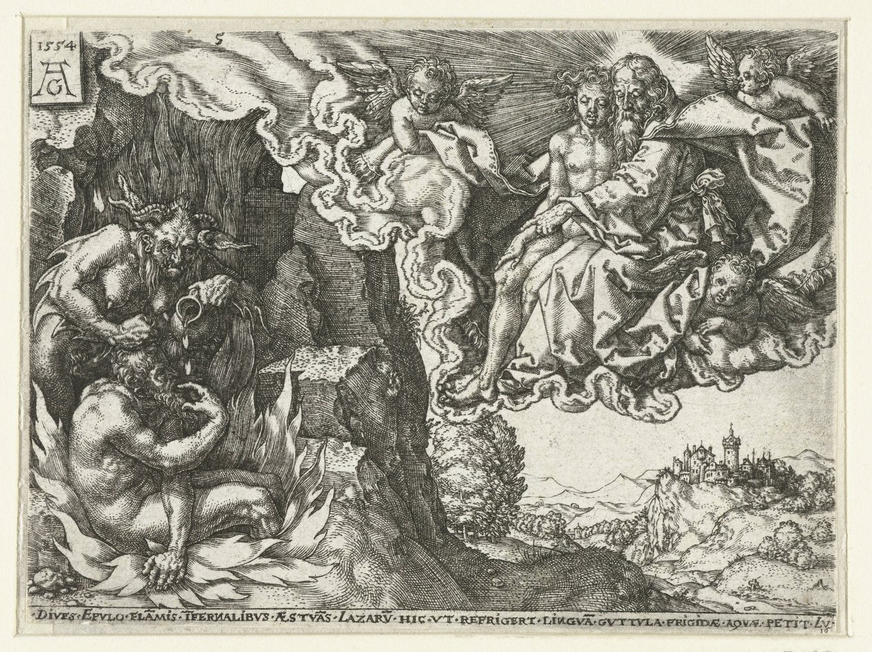 Der reiche Mann in der Hölle sieht Abraham mit Lazarus von Heinrich Aldegrever