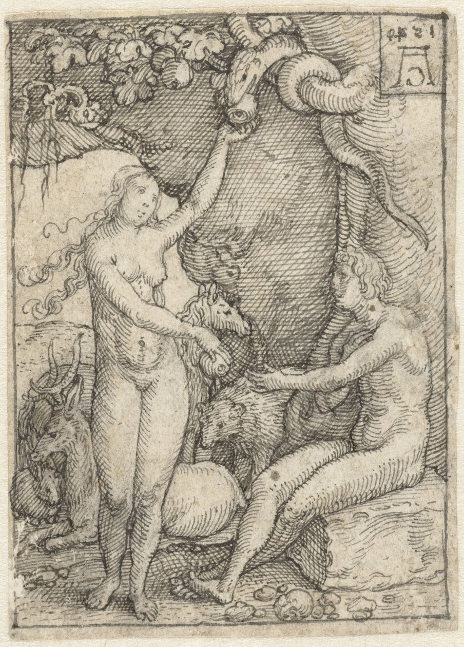 Eva reicht Adam den Apfel unter dem Baum mit der Schlange von Heinrich Aldegrever