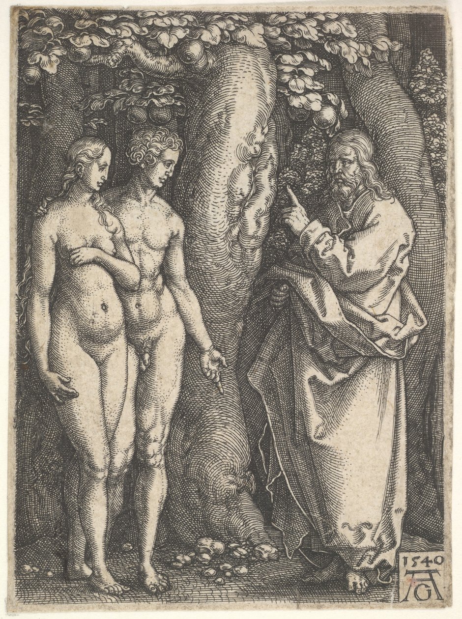 Gott rechts verbietet dem nackten Adam und Eva links, vom Baum der Erkenntnis zu essen, 1540 von Heinrich Aldegrever