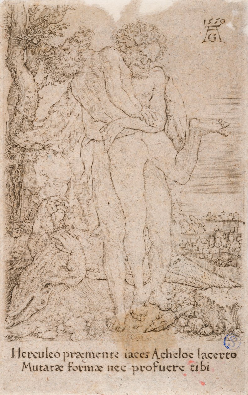 Herkules kämpft gegen den Flussgott Achelous, aus der Serie: Die Arbeiten des Herkules (7) von Heinrich Aldegrever