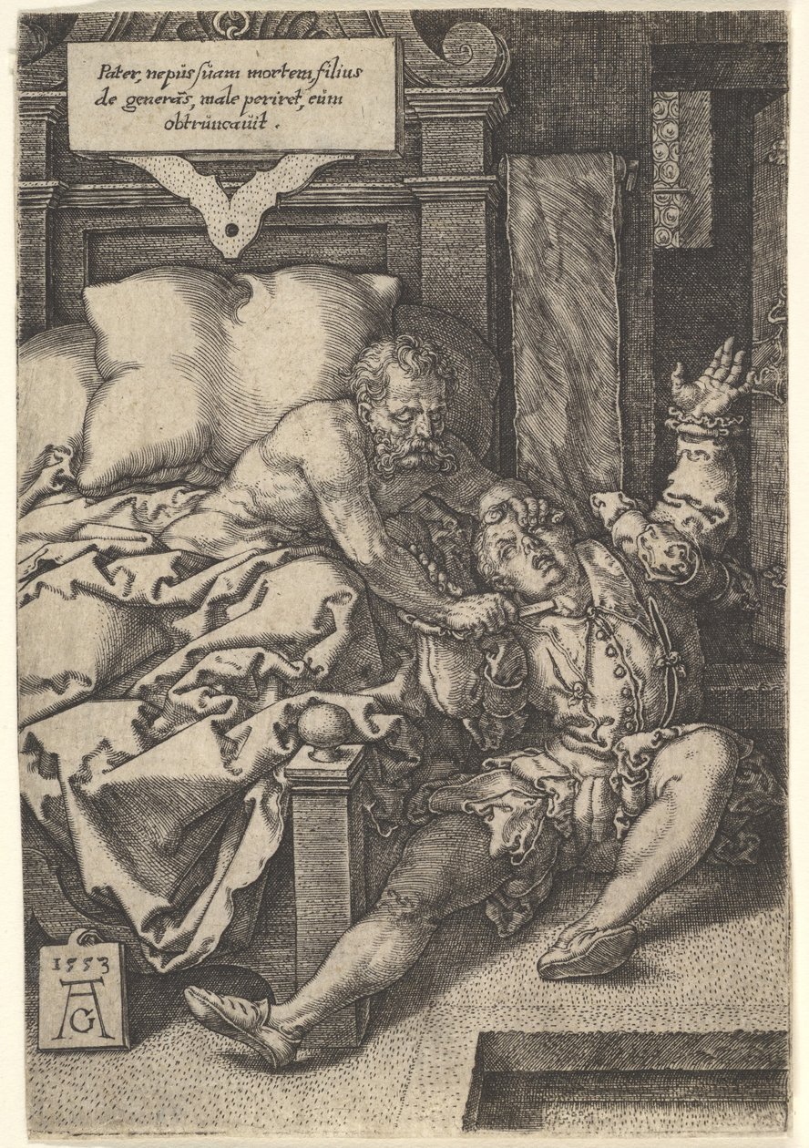 Richter Herkinbald schneidet seinem Neffen die Kehle durch, 1553 von Heinrich Aldegrever