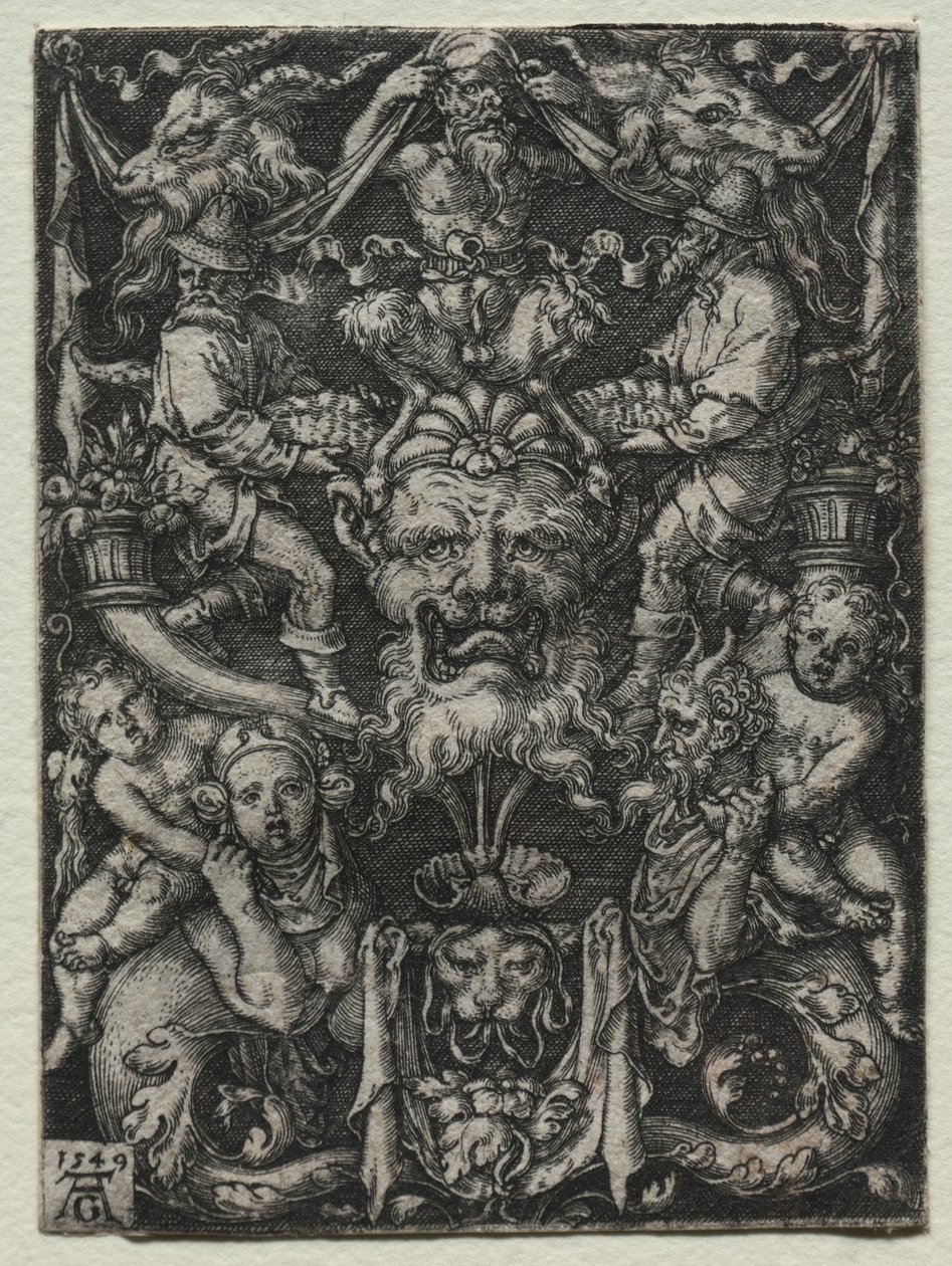 Ornamententwurf mit Maske, einem Paar Tritonen und zwei Kindern darunter von Heinrich Aldegrever