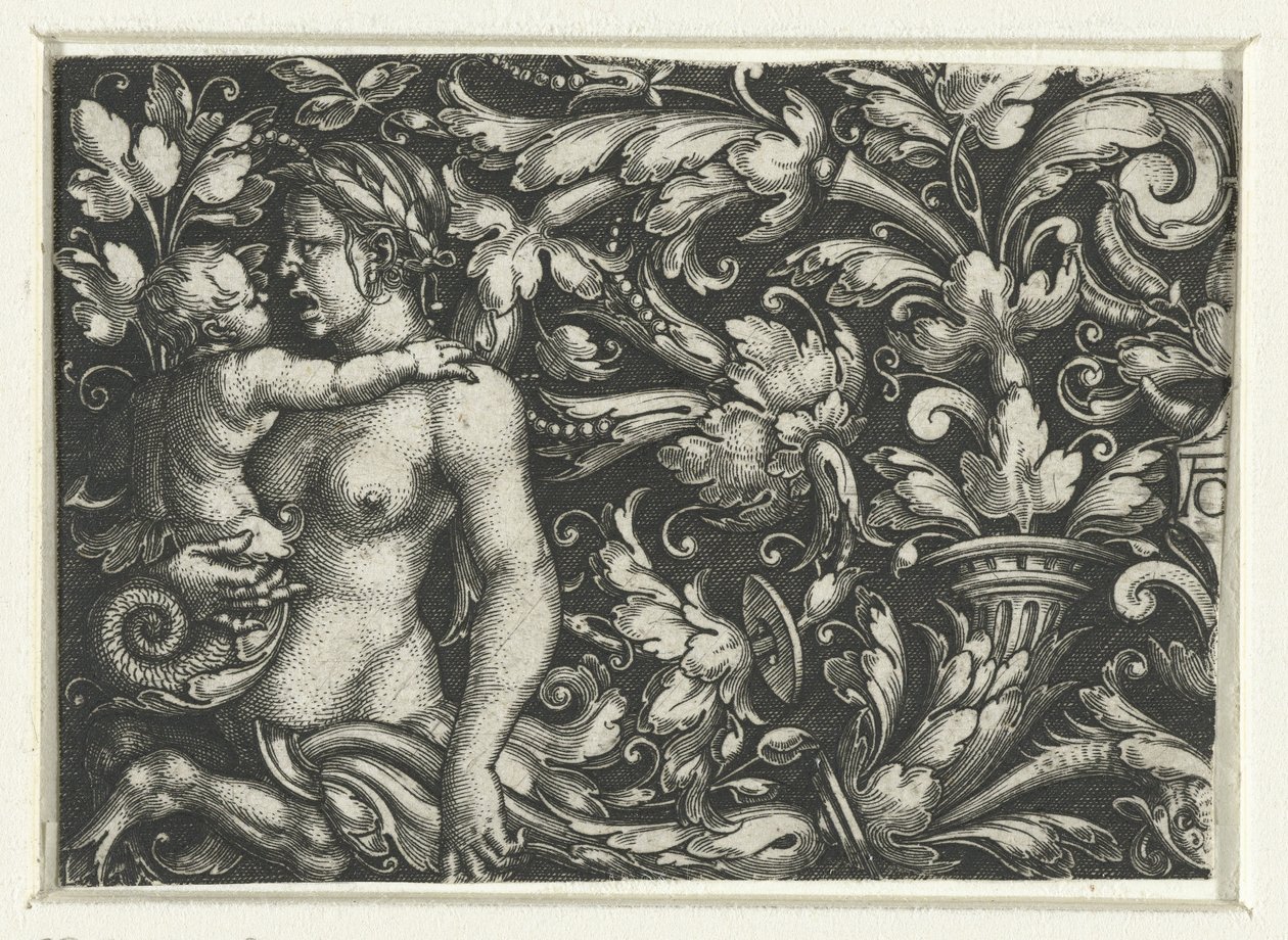 Ornament mit Blattranken und einer weiblichen Triton mit Kind von Heinrich Aldegrever