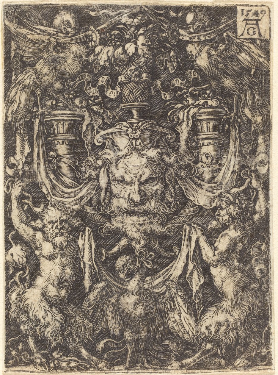 Ornament mit Maske, Adler zwischen Satyrn unten, 1549 von Heinrich Aldegrever