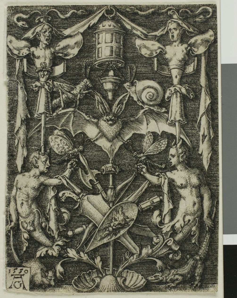 Ornamentales Design mit einer Fledermaus im Zentrum von Heinrich Aldegrever