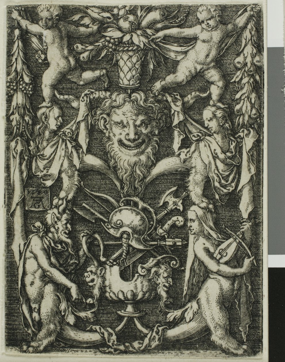 Ornamentales Design mit einem Paar Satyrn, Kindern und einer Trophäe von Heinrich Aldegrever