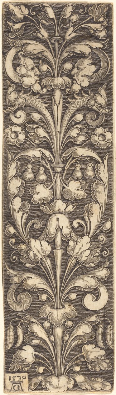 Zweig mit Zierlaub mit zwei Masken und zwei Delfinen, 1530 von Heinrich Aldegrever