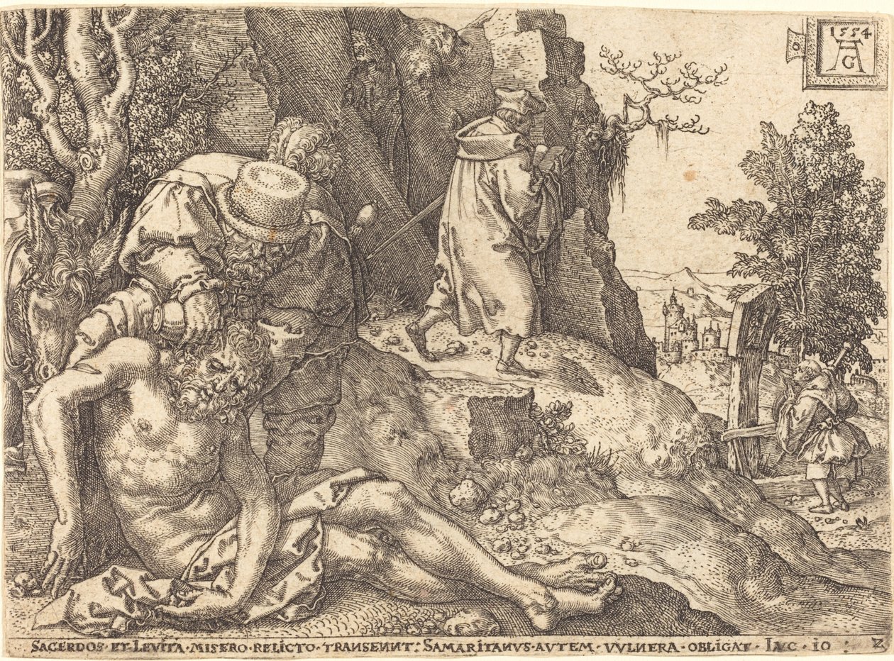 Der barmherzige Samariter, der dem Reisenden hilft, 1554 von Heinrich Aldegrever